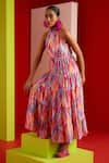 Shop_Garima Bindal_Pink Pure Modal Satin Print Abstract High Collar Layered Dress _Online_at_Aza_Fashions