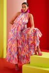 Buy_Garima Bindal_Pink Pure Modal Satin Print Abstract High Collar Layered Dress 