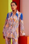 Buy_Garima Bindal_Blue Pure Crepe Print Abstract Collared Neck Whimsical Shirt With Pant 