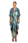 Buy_Garima Bindal_Blue Pure Modal Satin Print Floral V Neck Bloom Kaftan _Online_at_Aza_Fashions