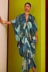 Shop_Garima Bindal_Blue Pure Modal Satin Print Floral V Neck Bloom Kaftan _Online_at_Aza_Fashions