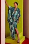 Garima Bindal_Blue Pure Modal Satin Print Floral V Neck Bloom Kaftan _at_Aza_Fashions