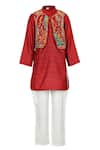 Buy_STELLA ROSSA BY LES PETITS_Maroon Cotton Satin Embellished Zari Embroidered Bundi Kurta Set  _at_Aza_Fashions