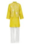 Buy_Rang by Lespetits_Yellow Silk Floral Embroidered Overlap Panel Bundi Kurta Set  _at_Aza_Fashions