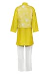 Shop_Rang by Lespetits_Yellow Silk Floral Embroidered Overlap Panel Bundi Kurta Set  _at_Aza_Fashions