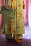 Amrood_Green Malai Satin Floral Kurta Collared Pattern Front Open Pant Set _Online_at_Aza_Fashions