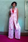 Buy_Amrood_Pink Malai Satin Floral Jaal Kurta Lapel Collar Pattern Pant Set _at_Aza_Fashions