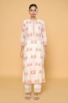 Khwaab by Sanjana Lakhani_Off White Kurta Chanderi Printed Block Band Collar Bird Straight Set_Online_at_Aza_Fashions