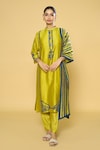 Buy_Khwaab by Sanjana Lakhani_Yellow Kurta Chanderi Printed Block Contrast Geometric Straight Pant Set_at_Aza_Fashions