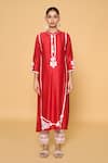 Samyukta Singhania_Red Chanderi, Cotton, Silk Beads, Embroidery Contrast Block Print Kurta Pant Set _Online_at_Aza_Fashions