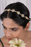 Buy_SHLOK JEWELS_Green Stone Floral Carved Cutwork Mathapatti_at_Aza_Fashions