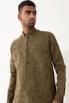 Buy_Son of A Noble Snob_Brown Linen Printed Polka Dots Void Pattern Bundi And Kurta Set 