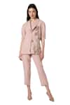 KAVERI_Pink 100% Linen Printed Dainty Bloom Shawl Tulip Blazer Pant Set  _Online_at_Aza_Fashions