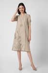 Buy_KAVERI_Beige 100% Linen Printed Dainty Bloom Ruffle Tulip Pencil Wave Dress  _at_Aza_Fashions