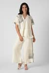 Buy_KAVERI_Off White 100% Linen Printed Brick V Neck Top And Pant Set  _at_Aza_Fashions