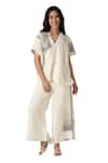 Shop_KAVERI_Off White 100% Linen Printed Brick V Neck Top And Pant Set  _Online_at_Aza_Fashions