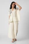 Buy_KAVERI_Off White 100% Linen Printed Brick V Neck Top And Pant Set  