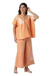 KAVERI_Orange 100% Linen Printed Brick V Neck Top And Pant Set  _Online_at_Aza_Fashions