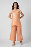 Kaveri_Orange 100% Linen Printed Brick V Neck Top And Pant Set _at_Aza_Fashions