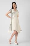 KAVERI_Off White 100% Linen Printed Brick V Neck Placement Noa Dress  _Online_at_Aza_Fashions