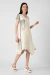 Shop_KAVERI_Off White 100% Linen Printed Brick V Neck Placement Noa Dress  _Online_at_Aza_Fashions