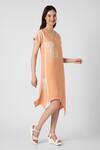 Shop_KAVERI_Orange 100% Linen Printed Brick V Neck Dress  _Online_at_Aza_Fashions