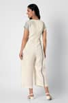 Shop_KAVERI_Off White 100% Linen Printed Brick V Neck Placement Jumpsuit  _at_Aza_Fashions