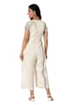 KAVERI_Off White 100% Linen Printed Brick V Neck Placement Jumpsuit  _at_Aza_Fashions