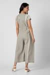 Shop_KAVERI_Green 100% Linen Printed Brick V Neck Jumpsuit  _at_Aza_Fashions