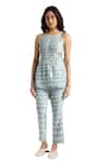 Shop_KAVERI_Blue 100% Linen Hand Screen Printed Lady Q Christina Top And Pant Set  _Online_at_Aza_Fashions