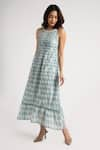 KAVERI_Blue 100% Linen Hand Screen Printed Cubes Lady Q Christina Dress  _Online_at_Aza_Fashions