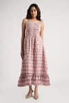 KAVERI_Pink 100% Linen Hand Screen Printed Lady Q Christina Pattern Dress  _Online_at_Aza_Fashions