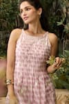 Shop_KAVERI_Pink 100% Linen Hand Screen Printed Lady Q Christina Pattern Dress  