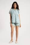 Buy_KAVERI_Blue 100% Linen Hand Screen Printed Lady Q Square Top And Shorts Set  _at_Aza_Fashions