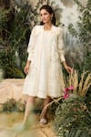 Buy_KAVERI_Off White 100% Linen Hand Screen Walk In The Clouds With Dress  _at_Aza_Fashions