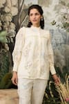 KAVERI_Off White 100% Linen Hand Screen Walk In The Clouds Top And Pant Set  _at_Aza_Fashions