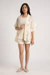 KAVERI_Off White 100% Linen Hand Walk In The Clouds Kaftan And Shorts Set  _Online_at_Aza_Fashions