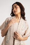 KAVERI_Beige 100% Linen Hand Walk In The Clouds Pattern Kaftan And Shorts Set  _Online_at_Aza_Fashions