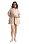 KAVERI_Beige 100% Linen Hand Walk In The Clouds Pattern Kaftan And Shorts Set  _at_Aza_Fashions