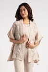 KAVERI_Beige 100% Linen Hand Screen Walk In The Clouds Kaftan And Pant Set  _Online_at_Aza_Fashions