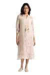 Buy_KAVERI_Beige 100% Linen Hand Screen Walk In The Clouds Karma Pattern Dress  _Online_at_Aza_Fashions