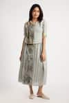 Buy_KAVERI_Green 100% Linen Hand Printed Illusion Shell Top And Skirt Set  _at_Aza_Fashions