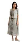 KAVERI_Green 100% Linen Hand Printed Illusion Shell Top And Skirt Set  _at_Aza_Fashions