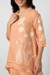 KAVERI_Orange 100% Linen V Neck Floral Oil Painted Top And Pant Set  _at_Aza_Fashions