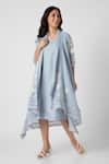 Buy_KAVERI_Blue 100% Linen Round Tulip Oil Painted Mykonos Midi Dress With Jacket  _at_Aza_Fashions