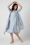 KAVERI_Blue 100% Linen Round Tulip Oil Painted Mykonos Midi Dress With Jacket  _at_Aza_Fashions