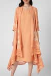 KAVERI_Orange 100% Linen Tulip Oil Painted Mykonos Floral Jacket With Dress  _at_Aza_Fashions