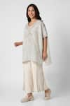 Buy_KAVERI_Beige 100% Linen V Neck Intersection Square Striped Top And Pant Set  