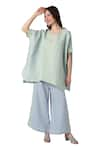 KAVERI_Blue 100% Linen V Neck Intersection Square Top And Pant Set  _Online_at_Aza_Fashions