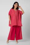 Buy_KAVERI_Pink 100% Linen V Intersection Square Hand Screen Print Top And Pant Set  _at_Aza_Fashions